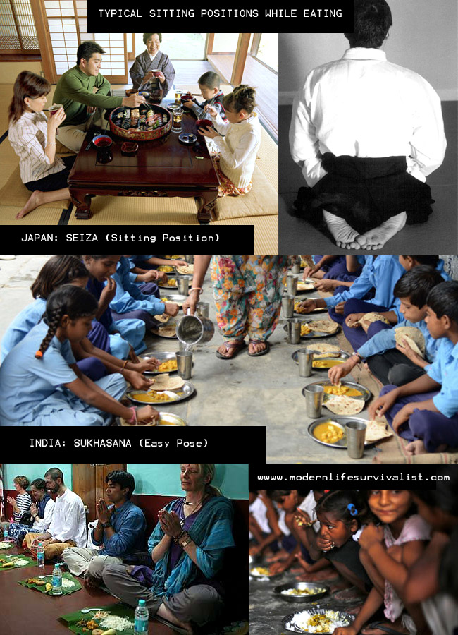 Different sitting styles while eating or having a meal from different cultures and nationalities countries